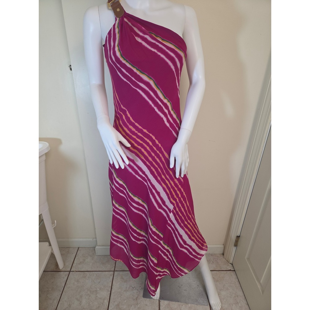 Lauren Ralph Lauren One Shoulder Midi Dress Magenta Stripe Buckle Detail Size 0